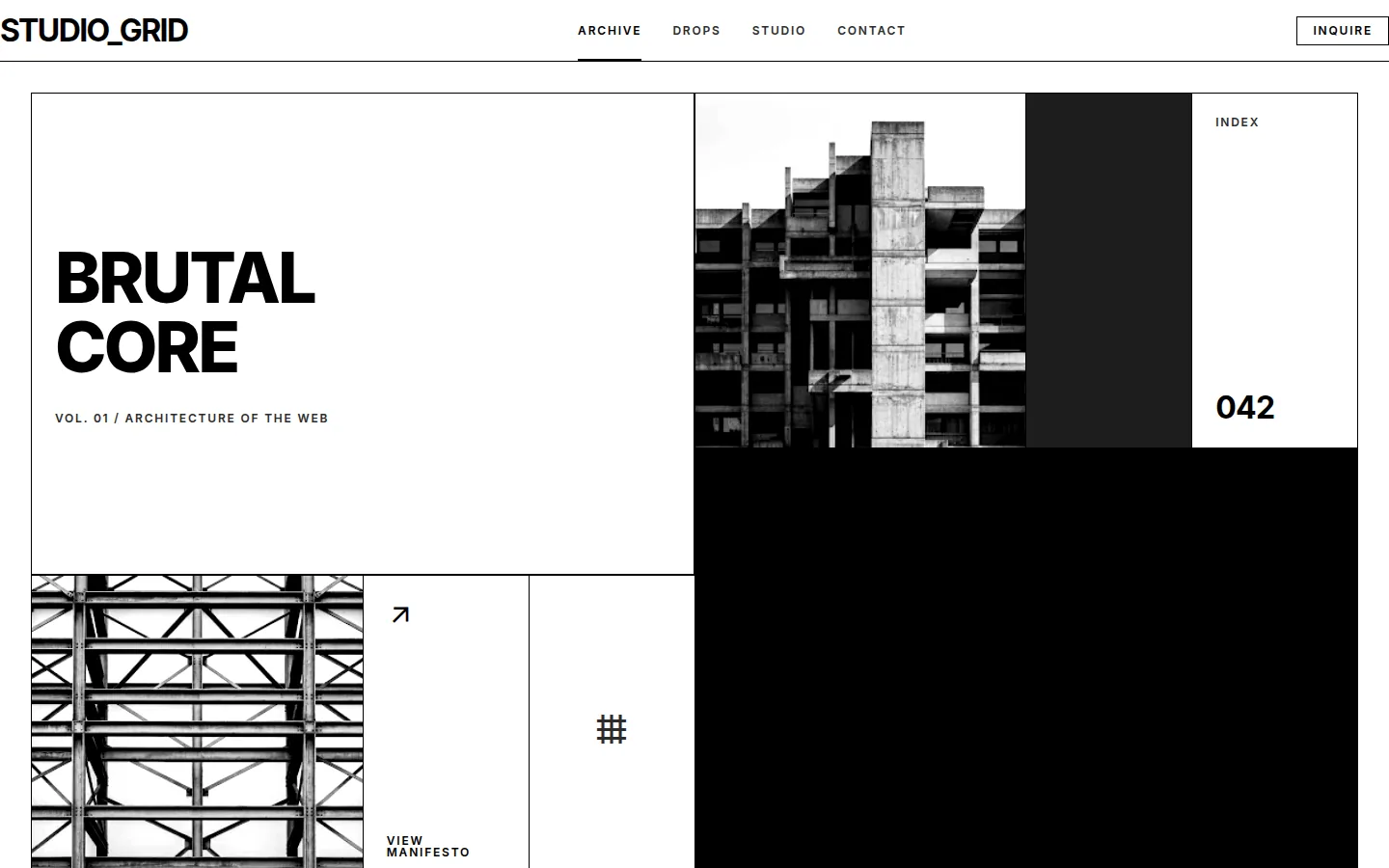 Swiss Brutalist landing page, hero composed/mosaic-grid