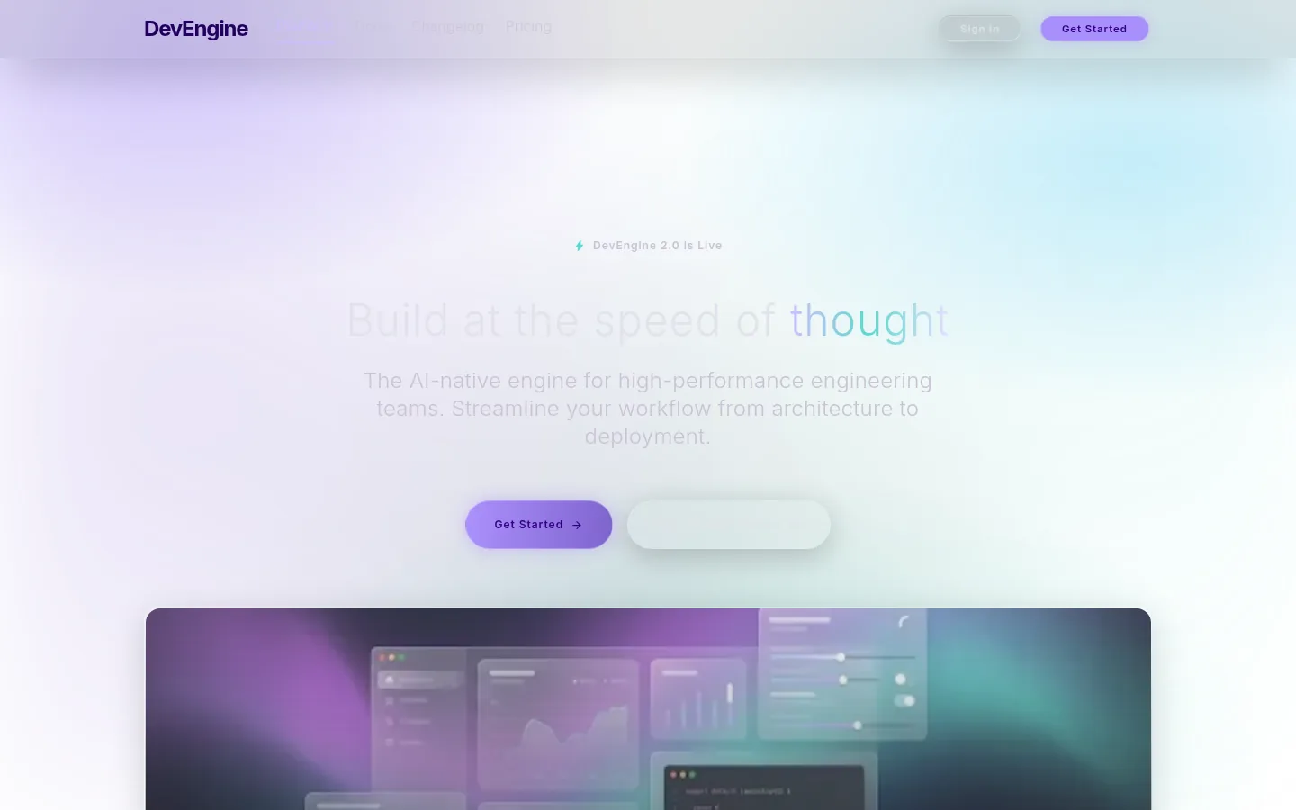 Glassmorphic landing page, hero centered/over-atmosphere