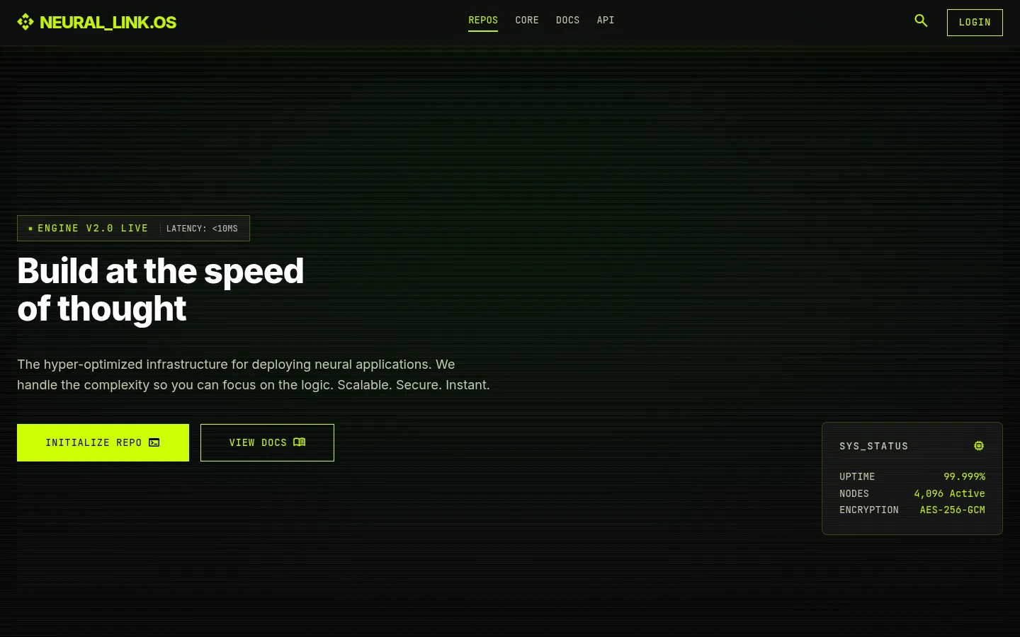 Tech Noir landing page, hero full-bleed/3d-or-webgl