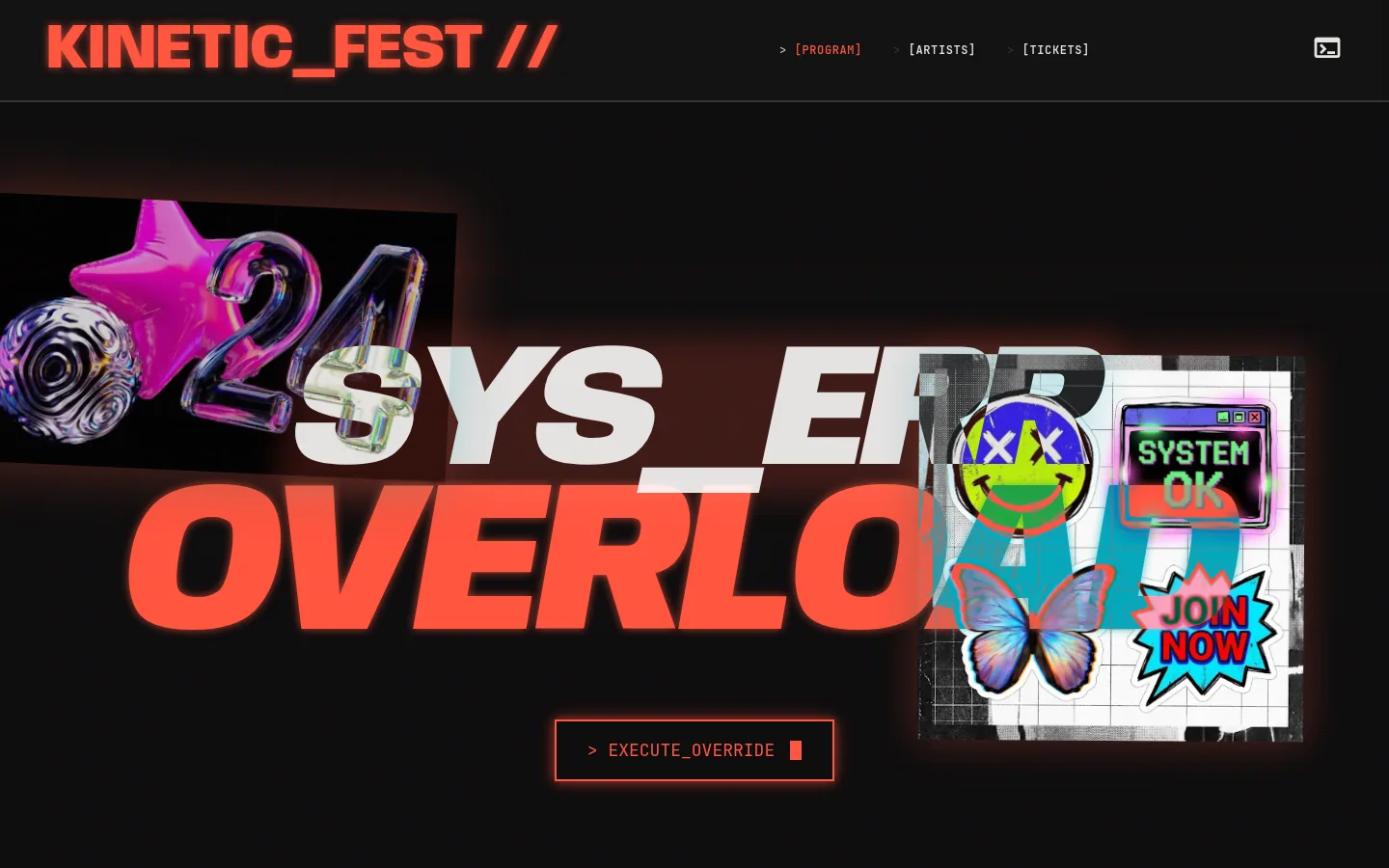 Maximalist landing page, hero composed/type-collage