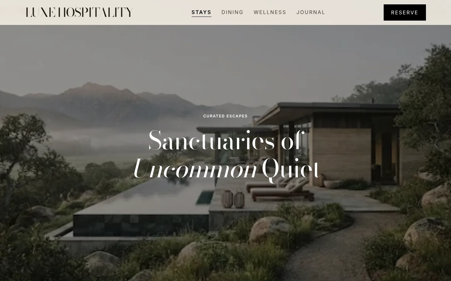 Hospitality Luxe landing page, hero full-bleed/photo-with-overlay