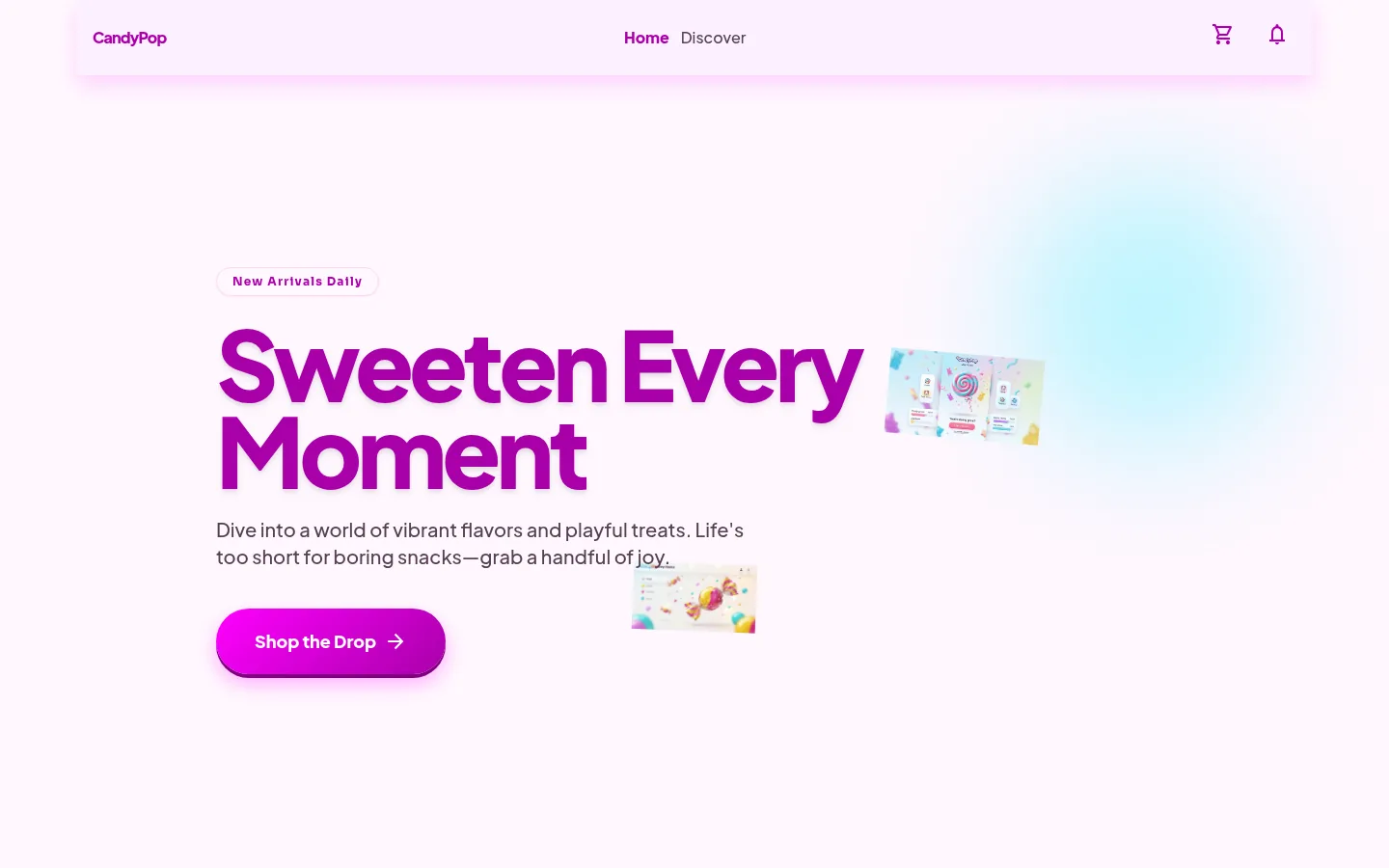 Candy Pop landing page, hero centered/over-atmosphere