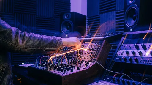 Hands patching a modular synthesizer