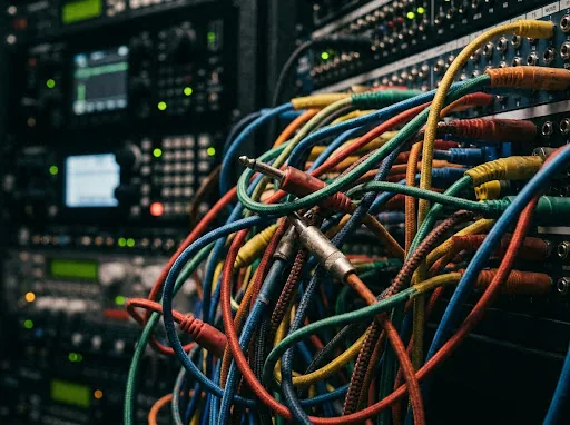 Patch bay lit blue and violet