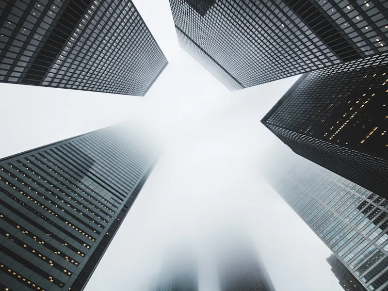 Office towers seen from the street looking up