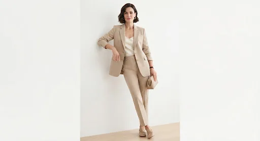 Model in beige tailoring, AW look 01