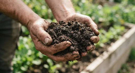 Loam cupped in a hand