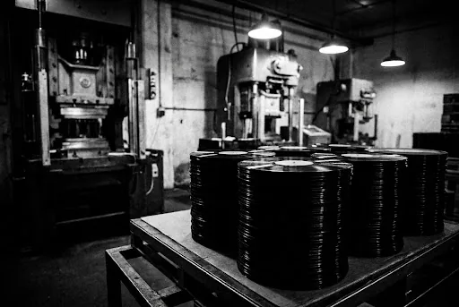 Hydraulic press closing on a hot vinyl biscuit