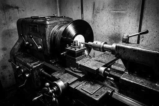 Lacquer master being cut on an industrial lathe