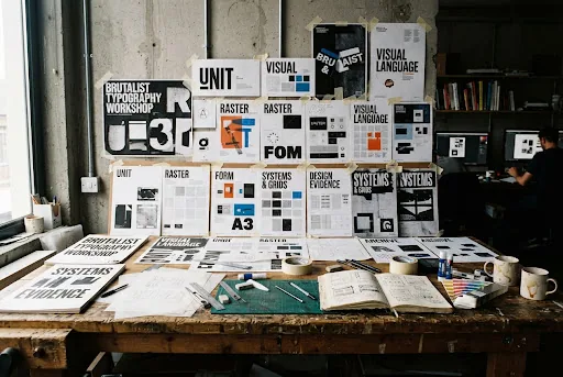 Taped-up identity boards on a studio wall