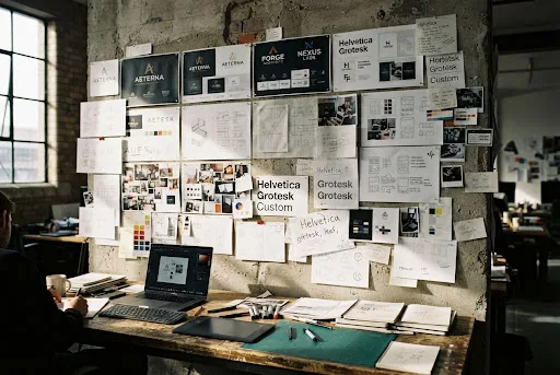 Pinned reference wall above a studio desk