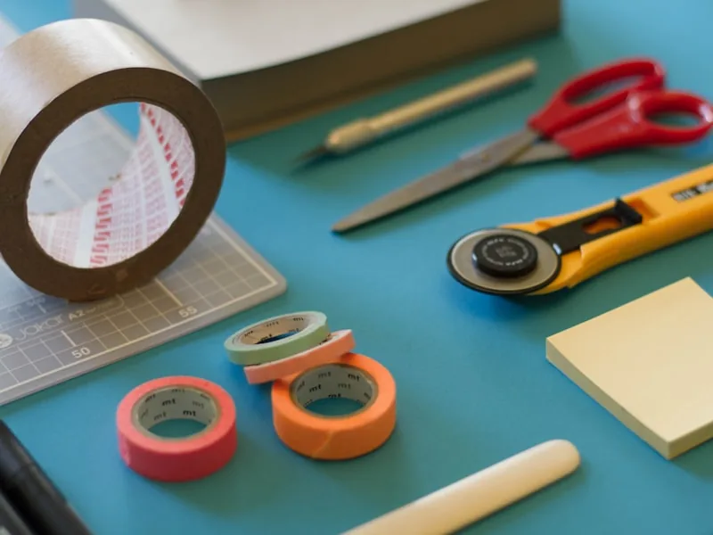 Cutting tools and tape on the make-up bench