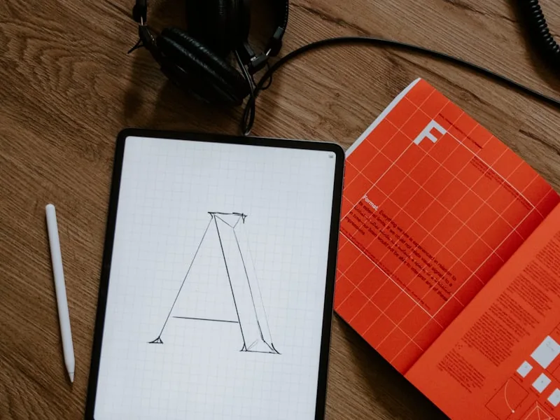Type specimen booklet open beside a tablet