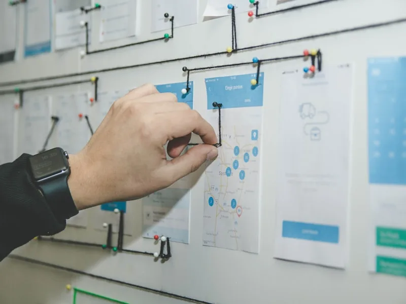 Wireframe sequence pinned across a planning wall