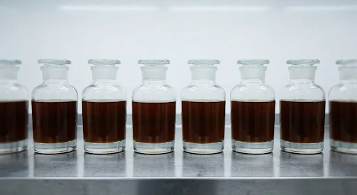 Row of tincture bottles aligned on the bench