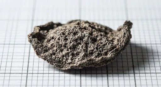 Desiccated bergamot peel under raking light