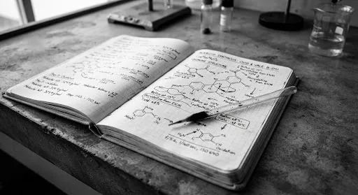 Formulation notebook with a glass pipette across the open page