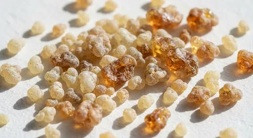 Frankincense tears scattered on a pale ground
