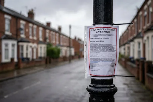 Planning notice tied to a lamppost