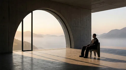 Large architectural photograph showcasing an expansive, minimalist room with a massive circular window looking out onto a misty mountain sunrise. The space is constructed of smooth concrete, capturing soft, directional morning light. A solitary figure sits contemplatively on a monolithic chair, facing the panoramic view. The mood is tranquil, introspective, and profoundly quiet.
